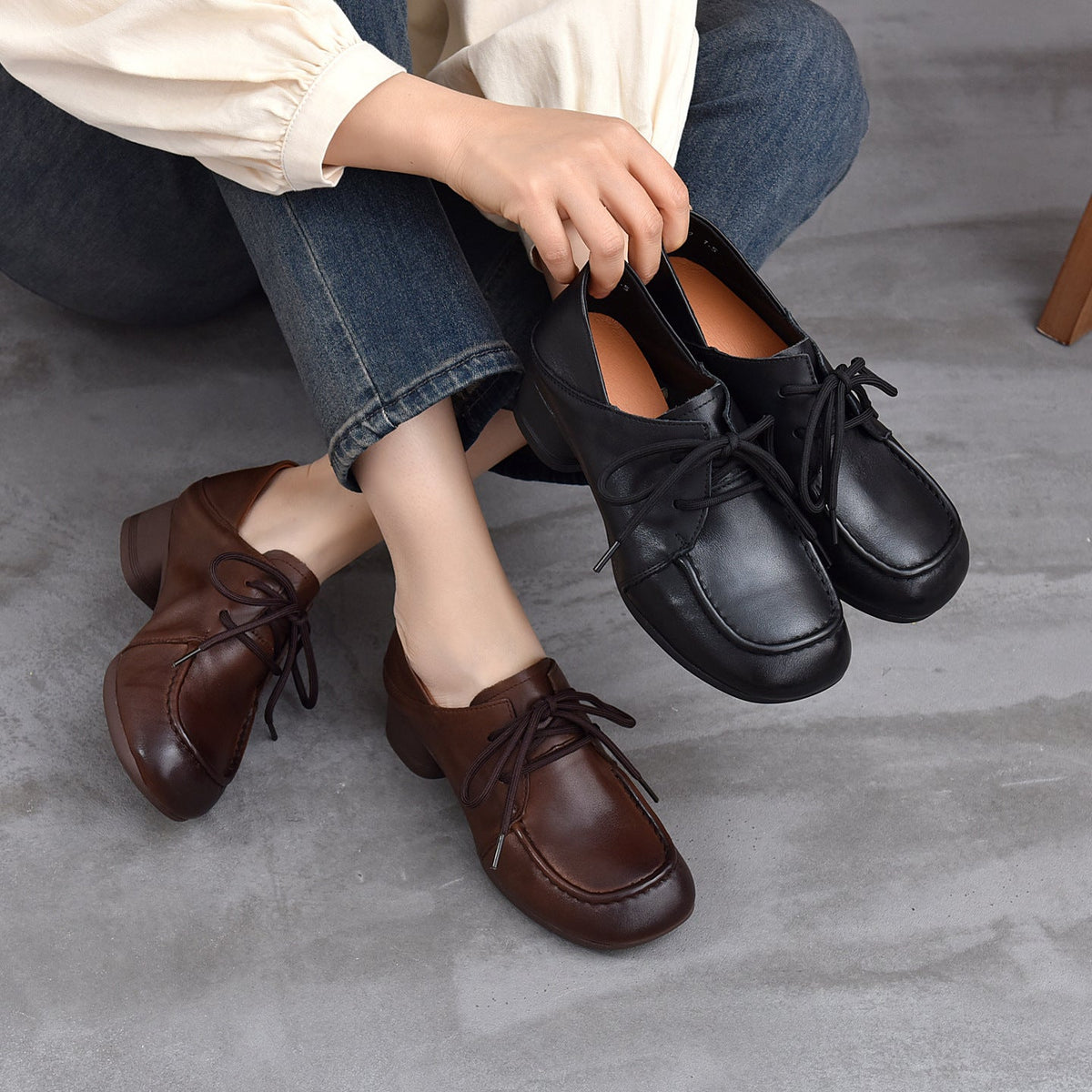 Spring Leather Elegant Low Heels Lace-Up Casual Soft Sole Shoes