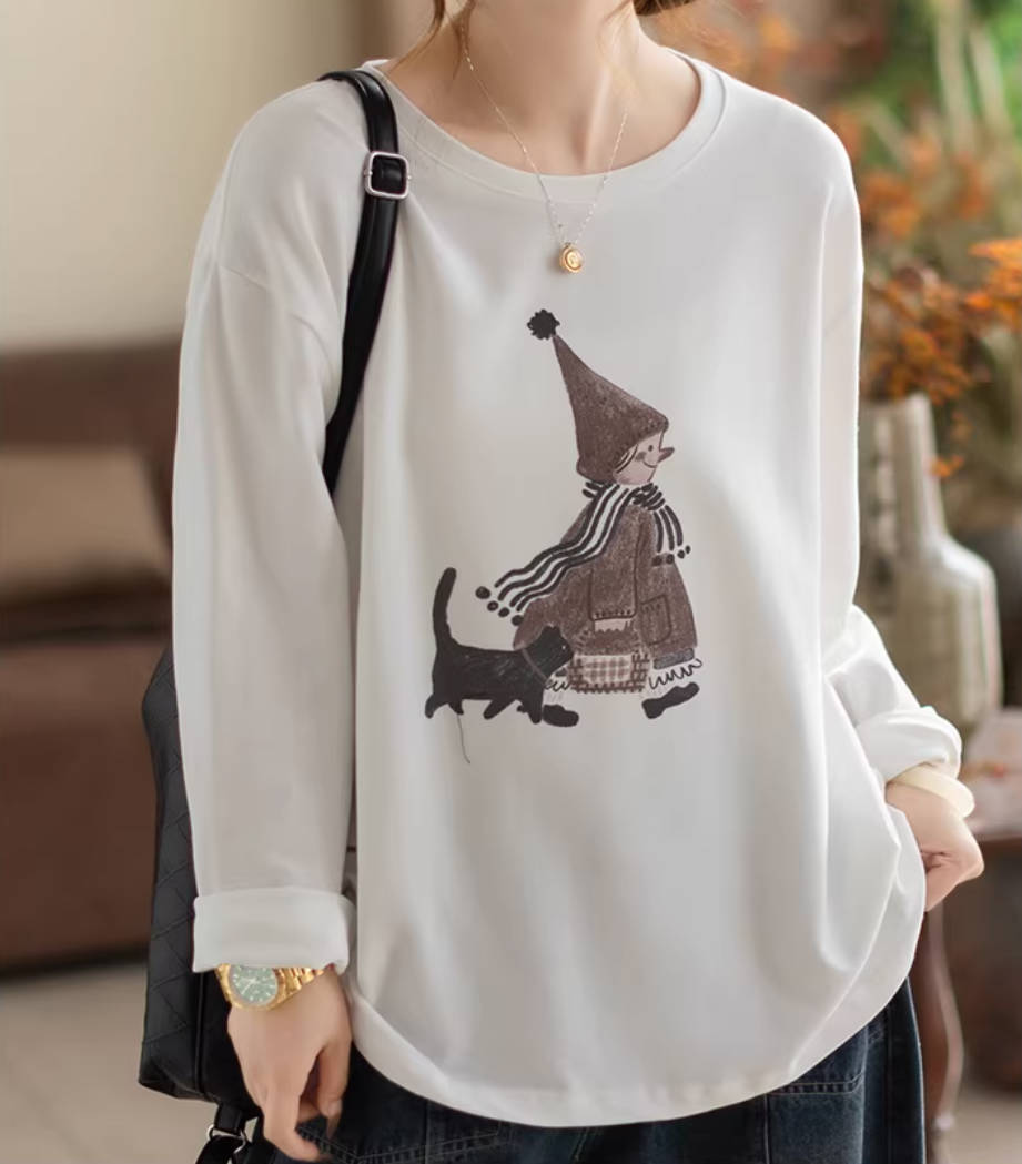 Cotton Round Neck Soft Breathable Printed Loose Long Sleeves Tops