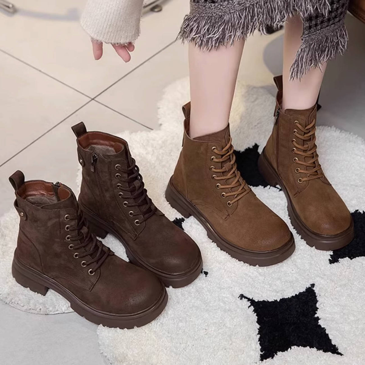 Women Retro Leather Trendy Versatile Chunky Plush Ankle Boots