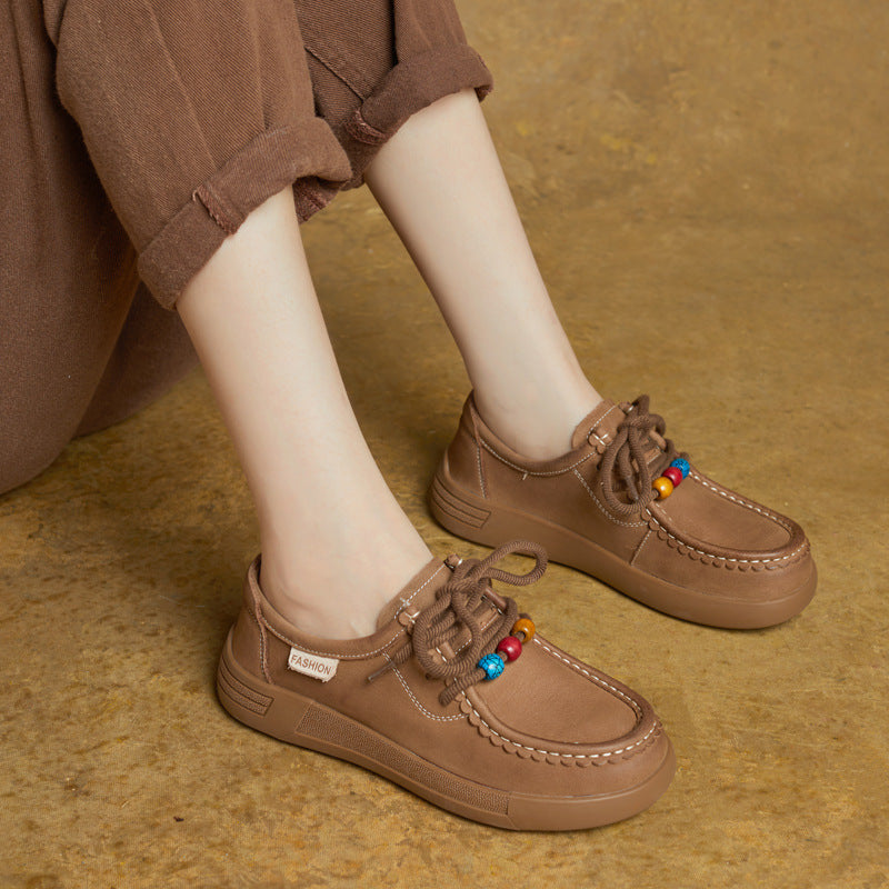 Vintage Leather Round Toe Soft Flat Sole Loafer Lace Up Shoes