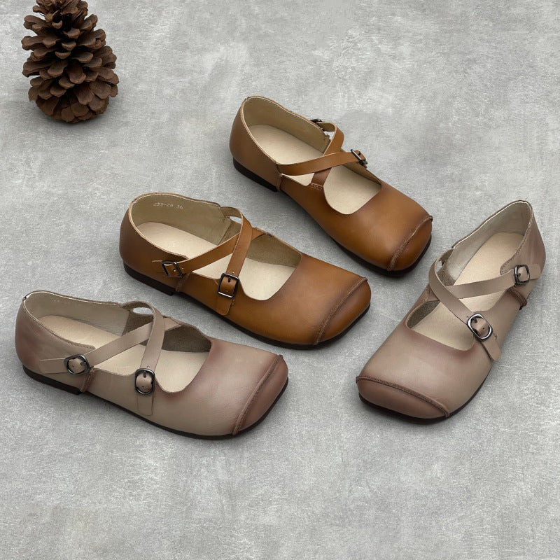 Retro Top Leather Casual Round Toe Crossing Straped Soft Sole Flats