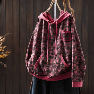 Autumn Cotton Trendy Floral Printed Pocket Patchwork Hoodies