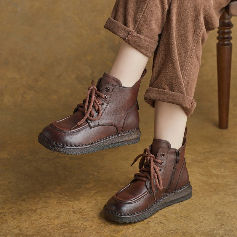 Women Winter Leather Soft Flat Sole Lace-Up Zipper Ankle Boots