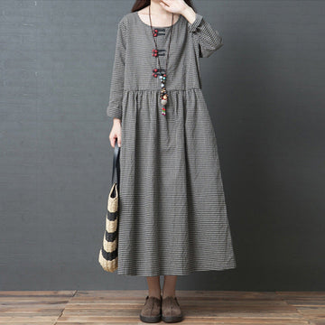 Round Neck Cotton Linen Black Plaid Long Sleeves Loose Dress