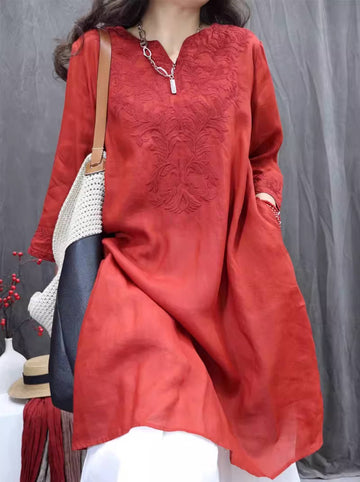 Spring Retro Ramie V-Neck Embroidered Half Sleeves Long Loose Shirt