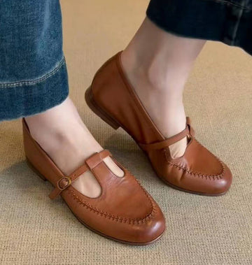 Retro Genuine Leather Round Square Toe Chunky Heel Slip-on Flats