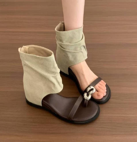 Retro Insole Height Leather Metal Buckle Open-Toe Roman Sandals Ankle Boots