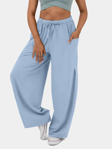 Women Casual Loose Solid Color Elastic Waist Lace-Up Pants
