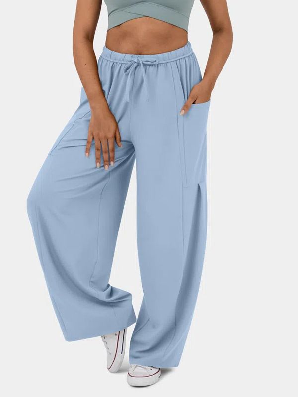 Women Casual Loose Solid Color Elastic Waist Lace-Up Pants