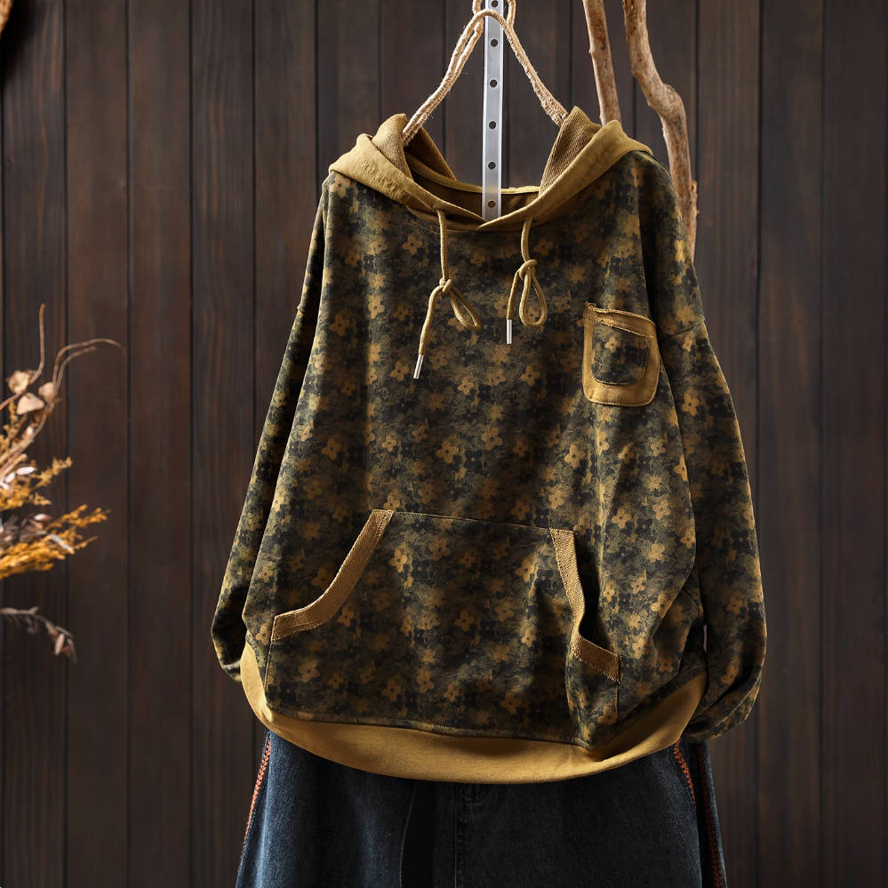 Autumn Cotton Trendy Floral Printed Pocket Patchwork Hoodies