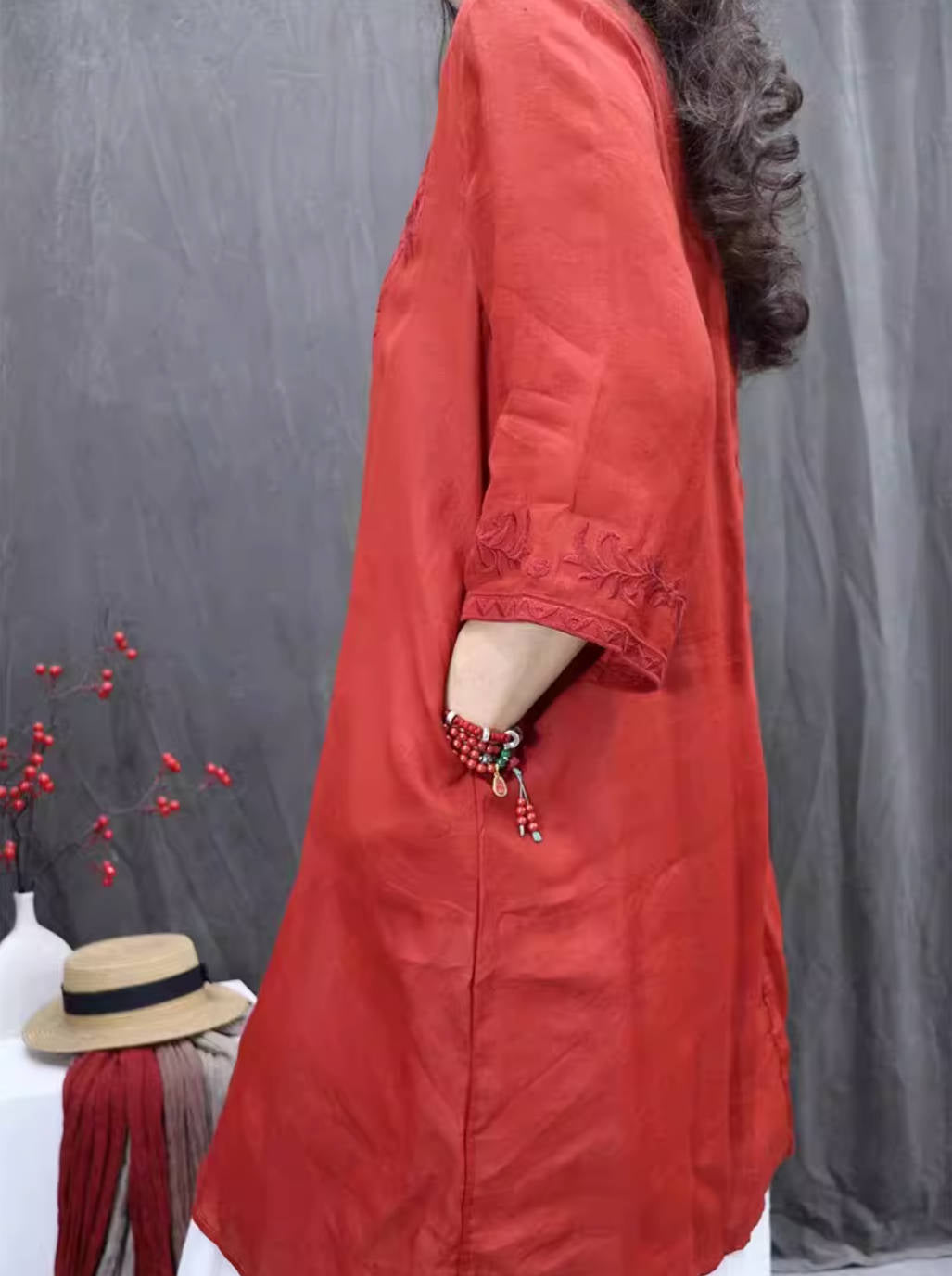 Spring Retro Ramie V-Neck Embroidered Half Sleeves Long Loose Shirt