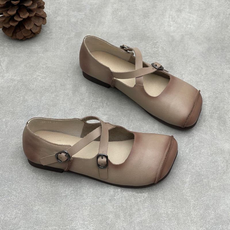 Retro Top Leather Casual Round Toe Crossing Straped Soft Sole Flats
