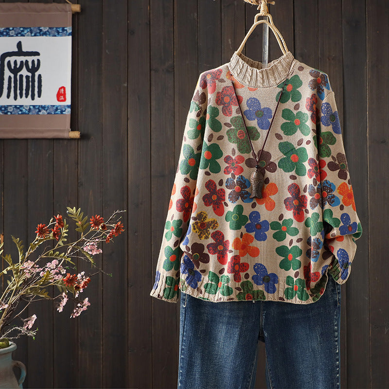 Winter Retro Cotton Printed High Neck Loose Casual Sweaters