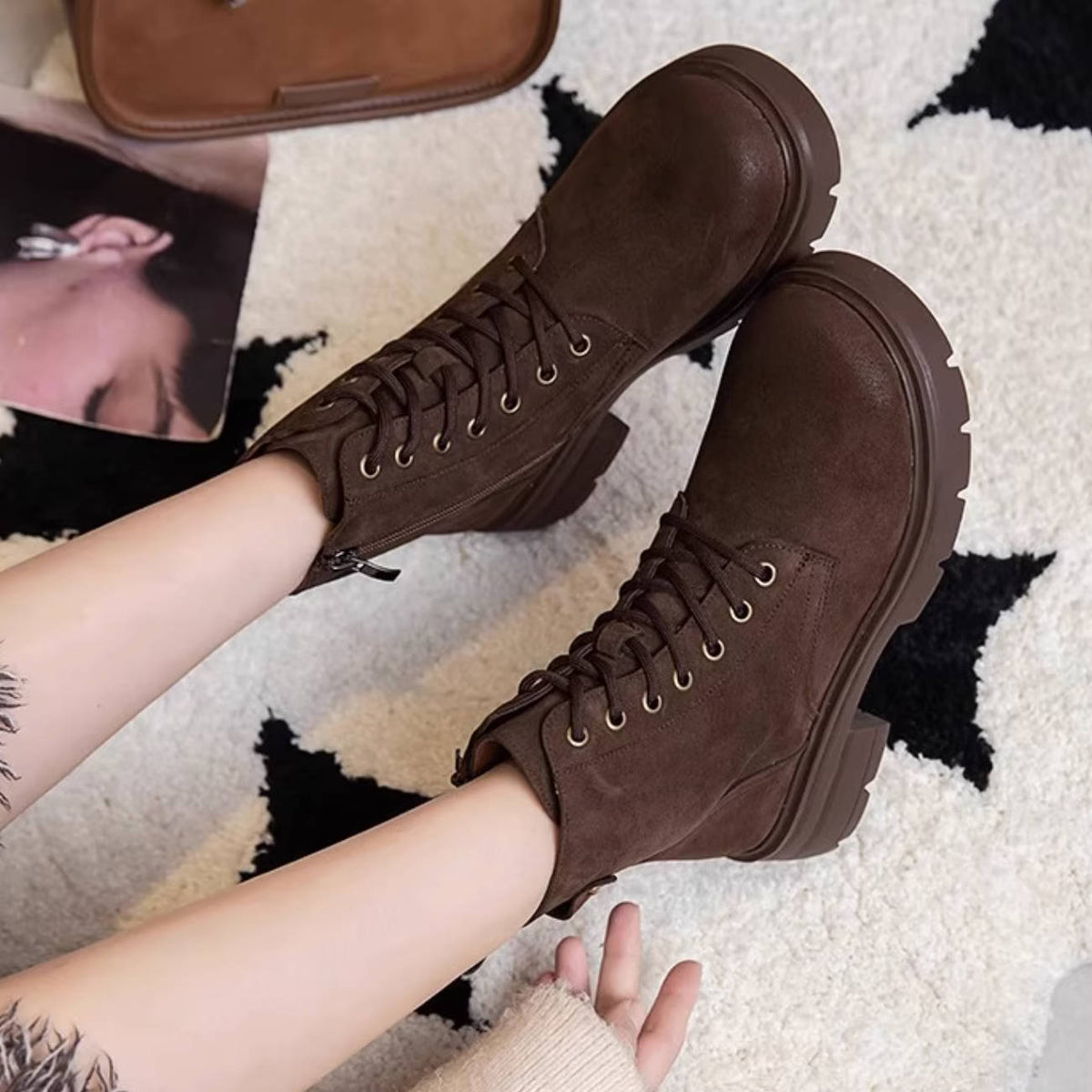 Women Retro Leather Trendy Versatile Chunky Plush Ankle Boots