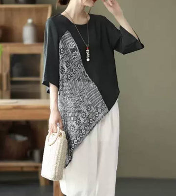 Spring Bohemian Linen Loose Patchwork Round Neck Top