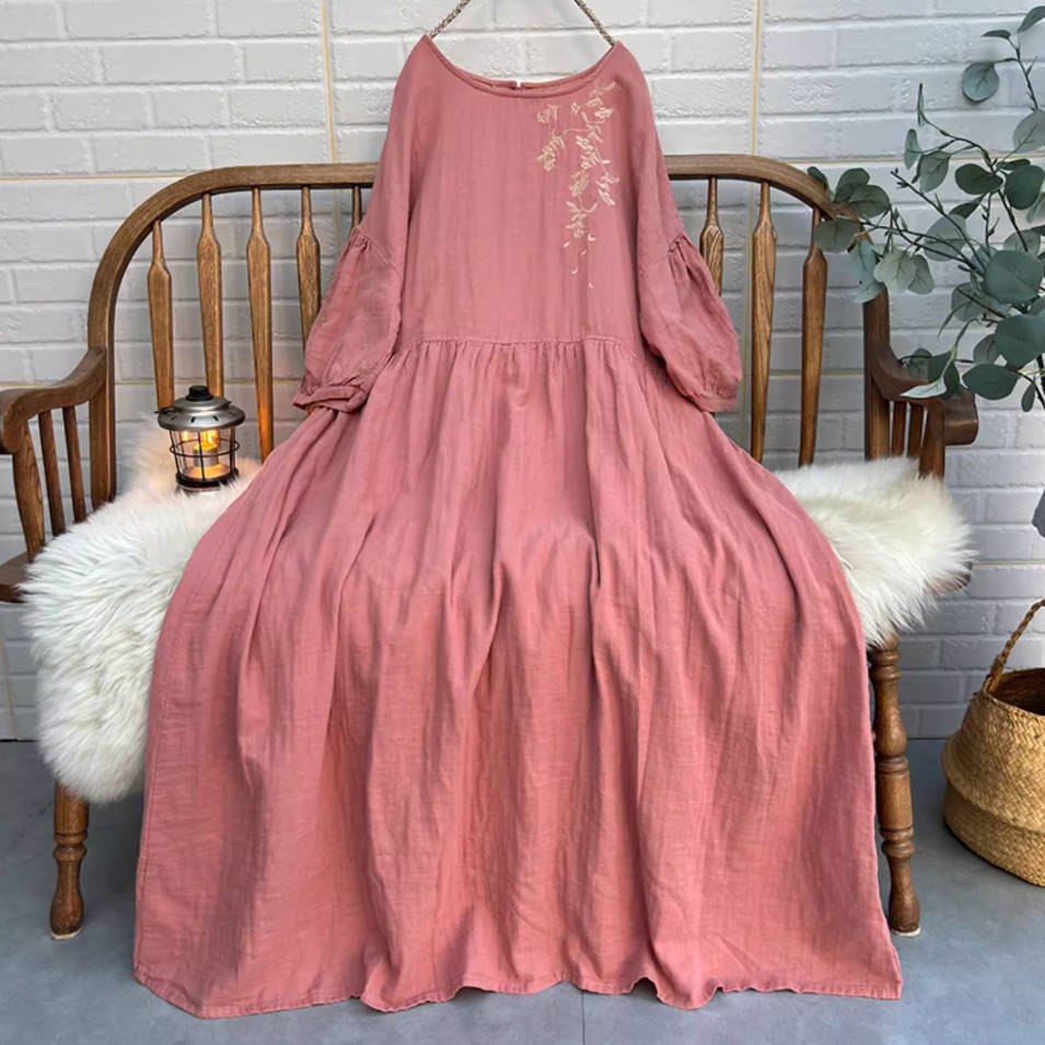 Retro Cotton Embroidered Lantern Sleeves Plus Size Dress