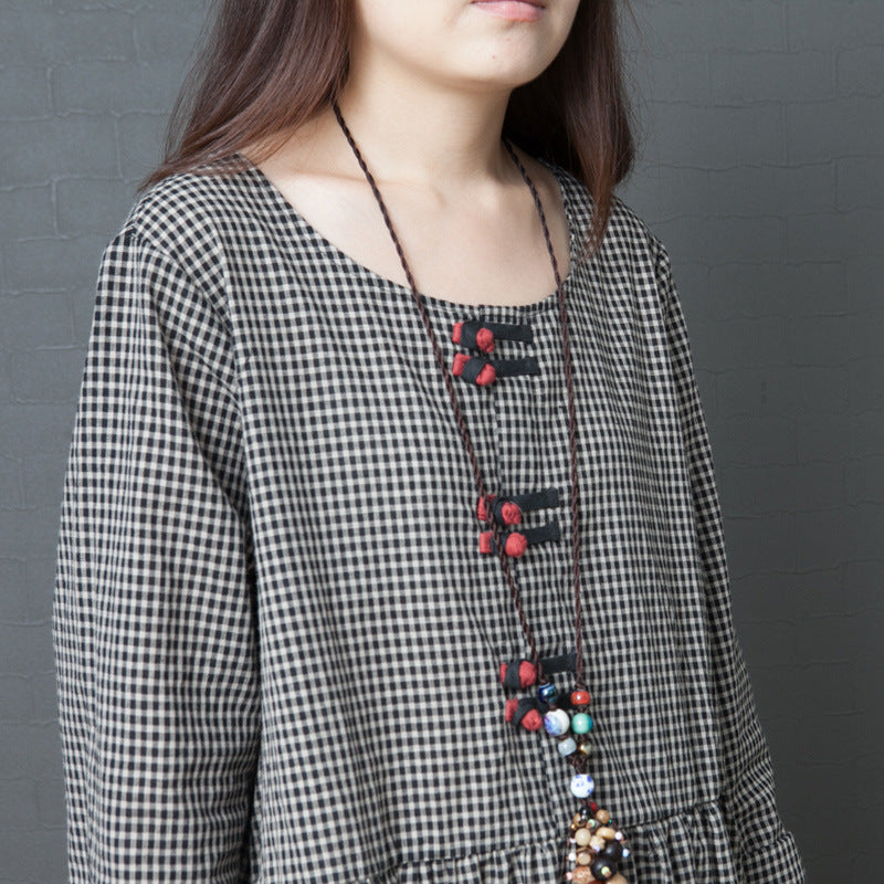 Round Neck Cotton Linen Black Plaid Long Sleeves Loose Dress