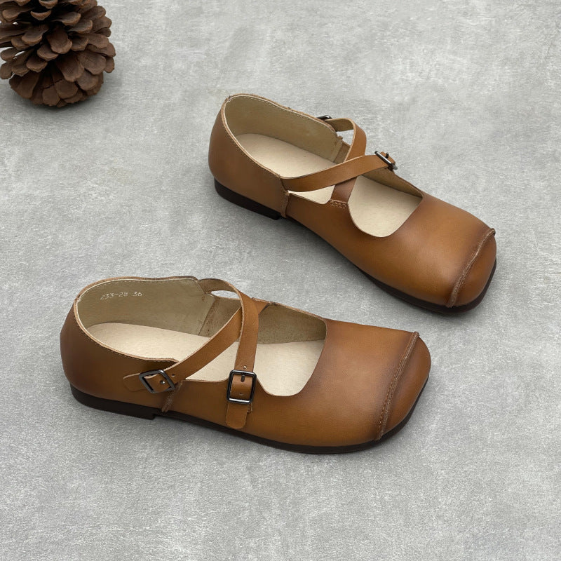 Retro Top Leather Casual Round Toe Crossing Straped Soft Sole Flats