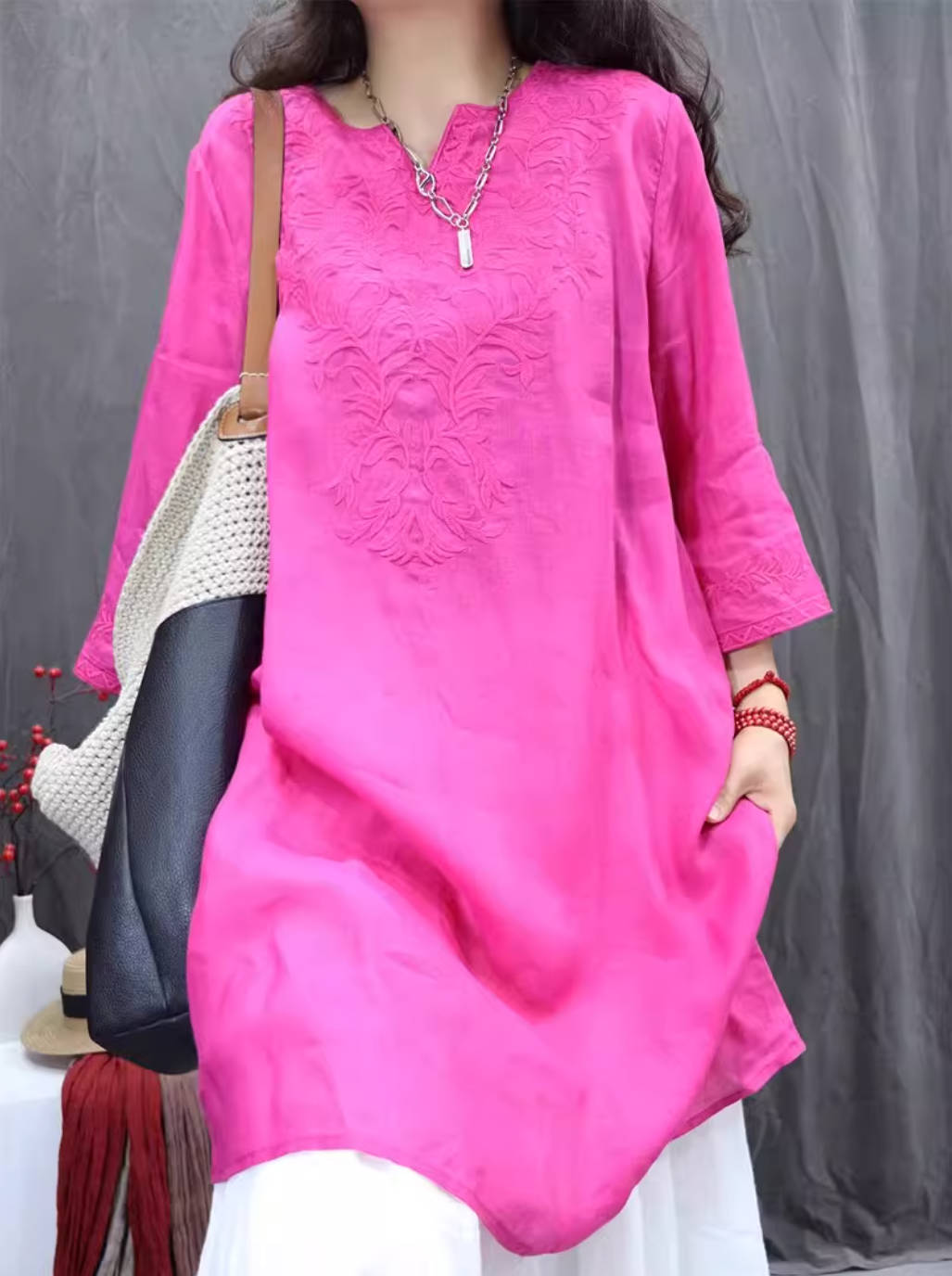 Spring Retro Ramie V-Neck Embroidered Half Sleeves Long Loose Shirt