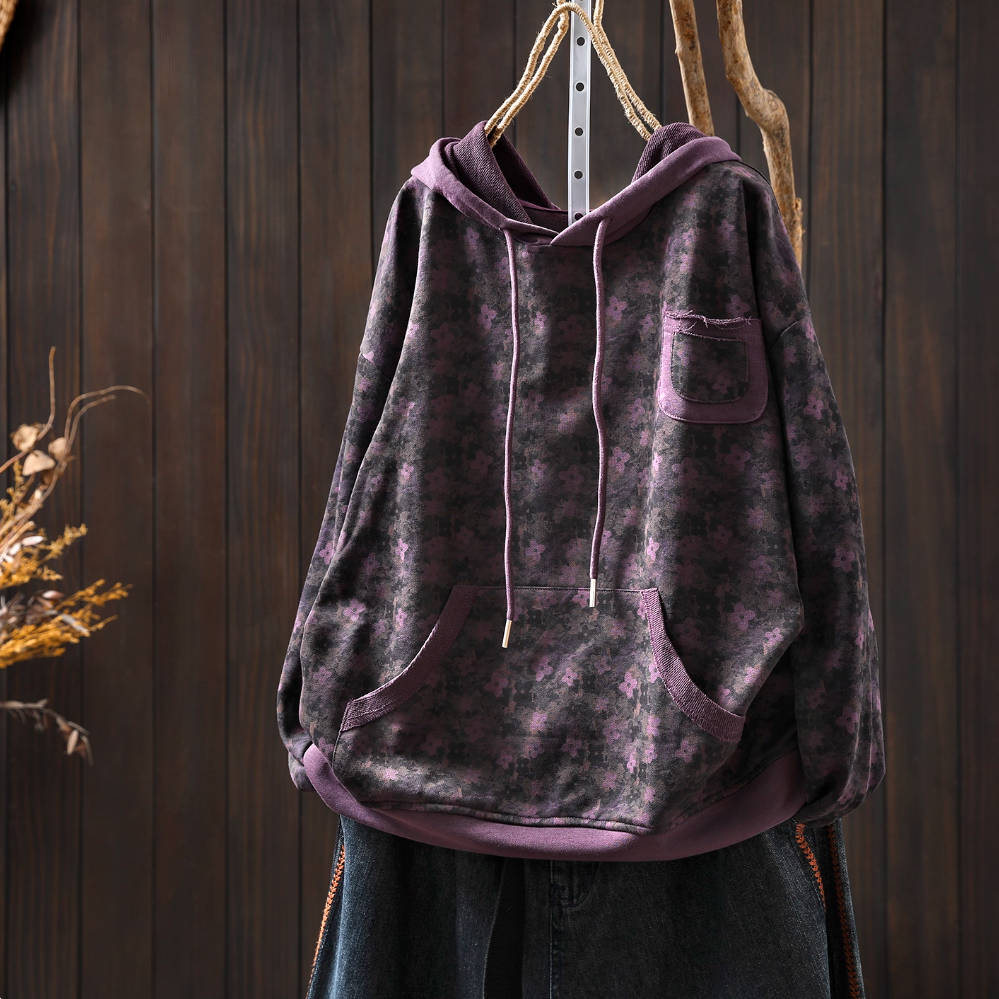 Autumn Cotton Trendy Floral Printed Pocket Patchwork Hoodies