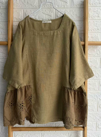 Women Spring Solid Color Hollow Out Patchwork Cotton Linen Top