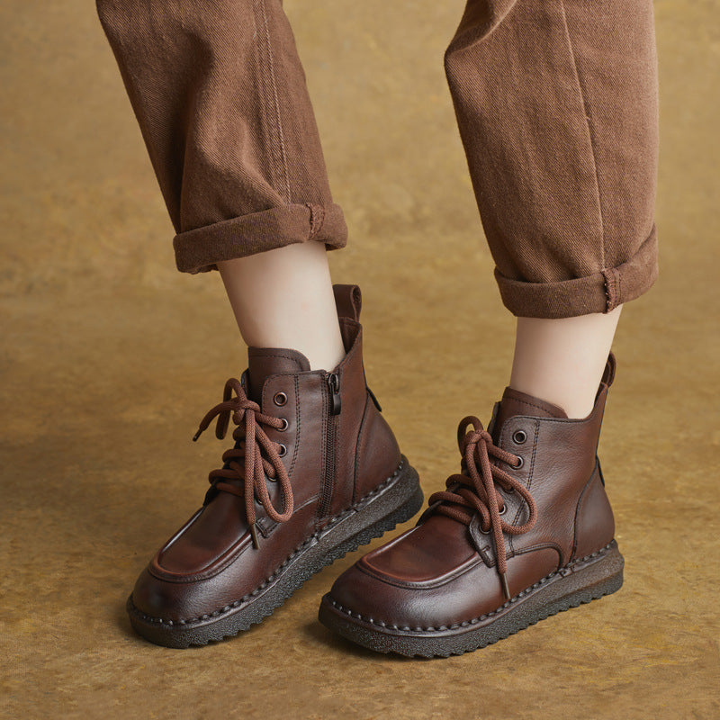 Women Winter Leather Soft Flat Sole Lace-Up Zipper Ankle Boots