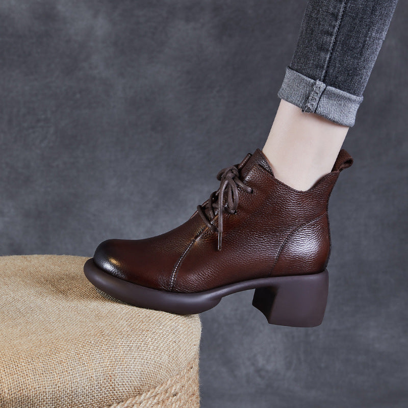 Retro Leather Chunky Elegant Lace-Up Zipper Ankle Boots