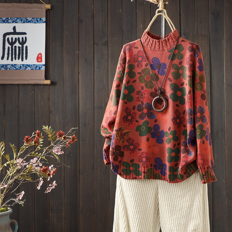 Winter Retro Cotton Printed High Neck Loose Casual Sweaters