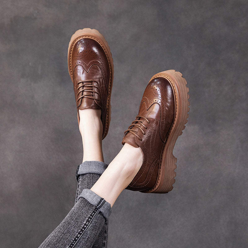 Retro Top Leather Round Toe Thick Sole Platform Flat Shoes
