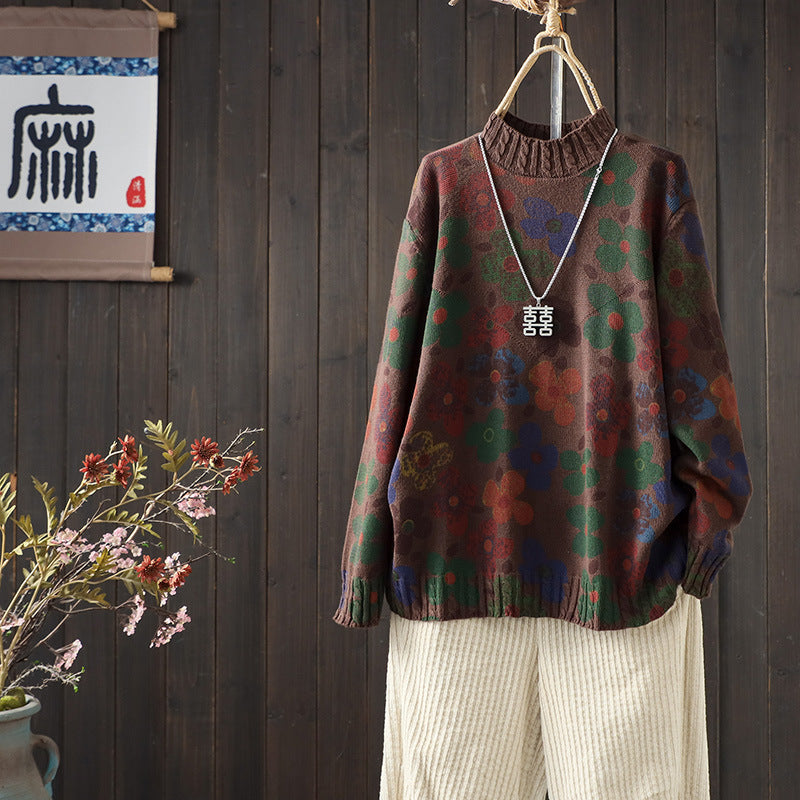 Winter Retro Cotton Printed High Neck Loose Casual Sweaters