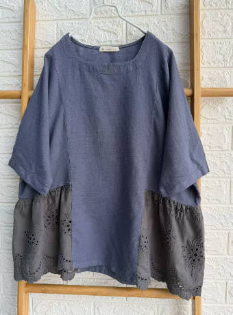 Women Spring Solid Color Hollow Out Patchwork Cotton Linen Top