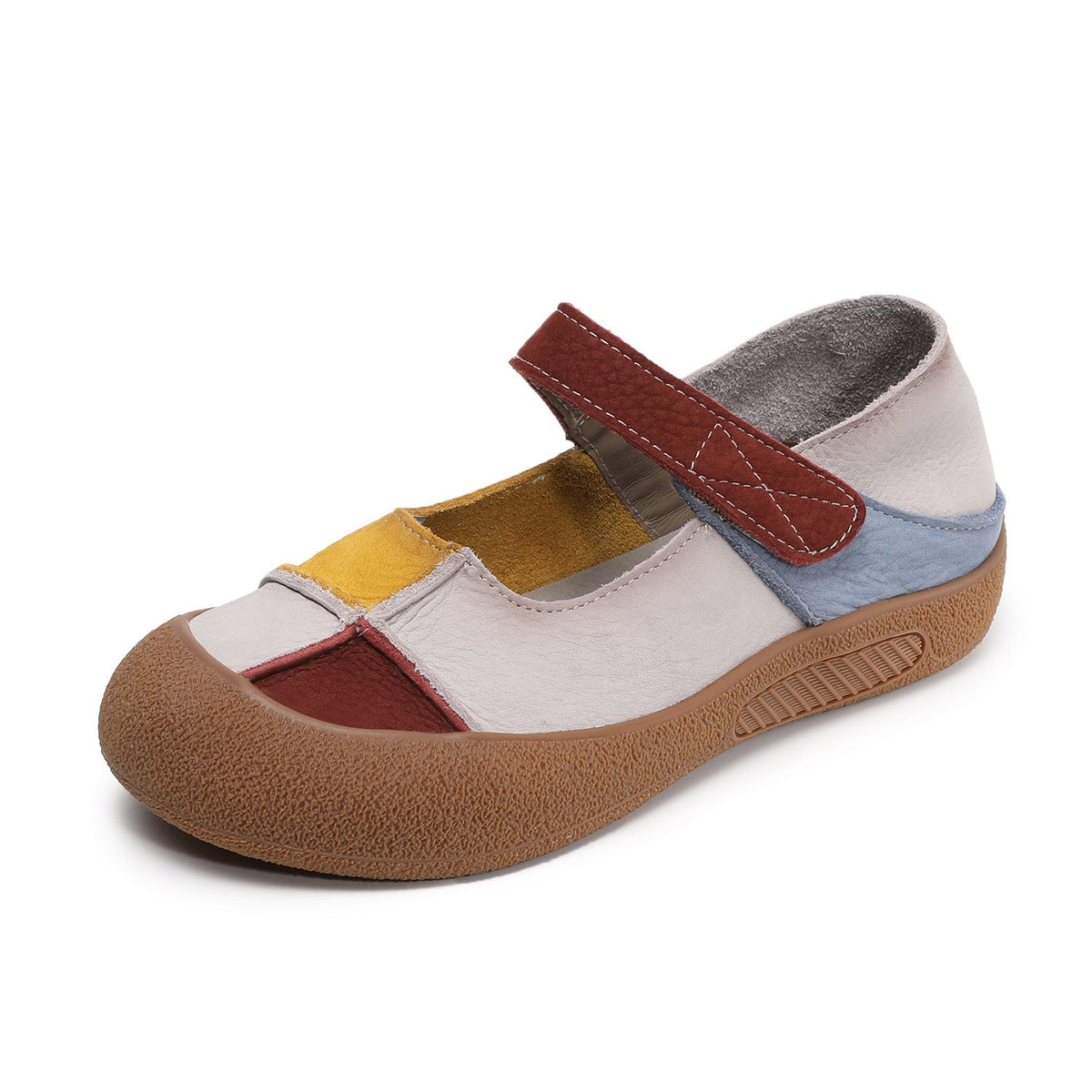 Genuine Leather Color Block Shallow One Straped Velcro Flat Shoes