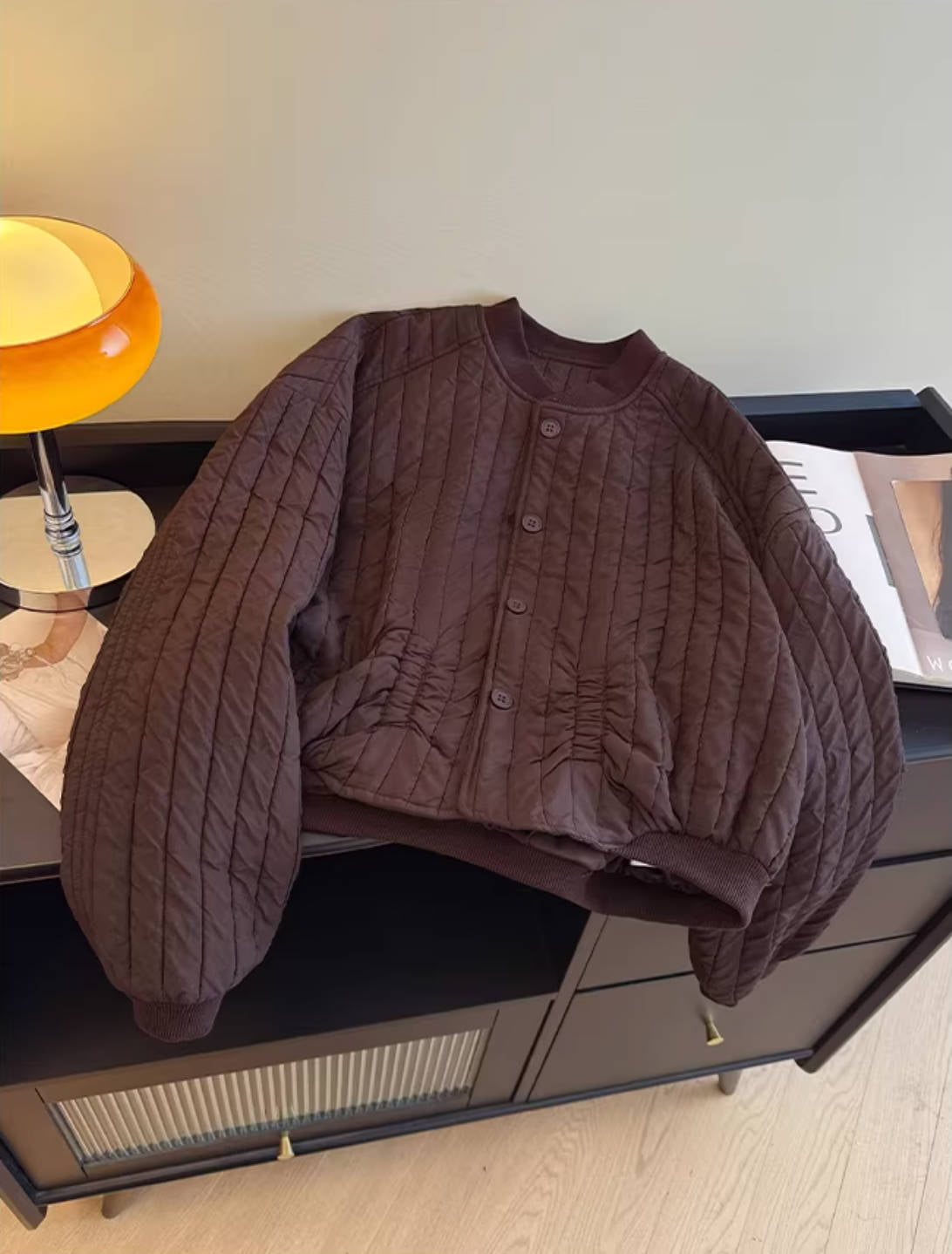 Women Winter Retro Cotton Solid Color Striped Round Neck Warm Coat