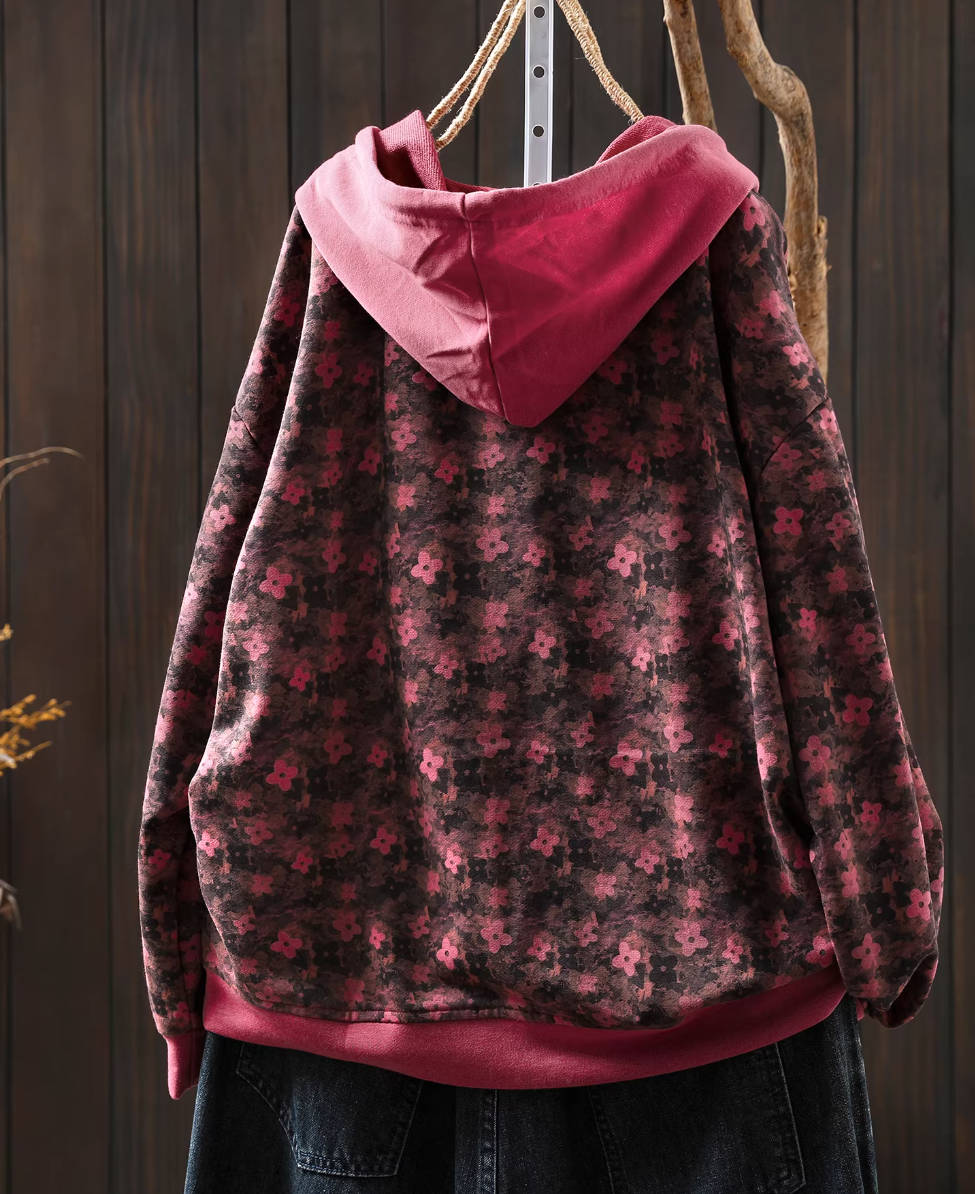 Autumn Cotton Trendy Floral Printed Pocket Patchwork Hoodies