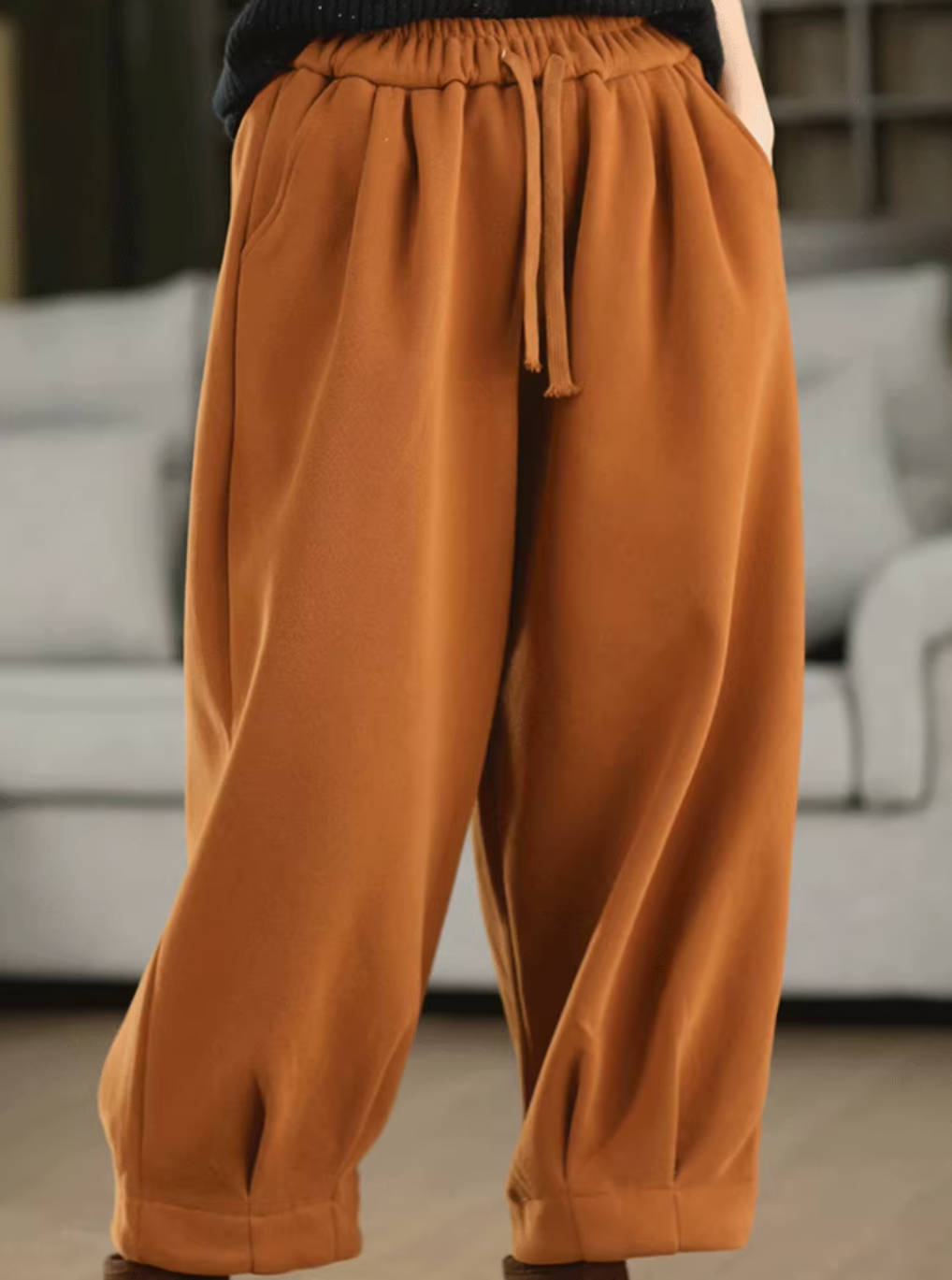 Winter Cotton Thick Elastic Waist Lace-Up Plush Loose Warm Pants
