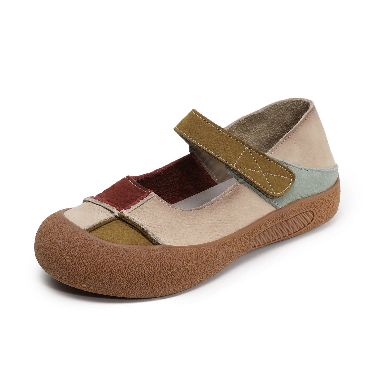 Genuine Leather Color Block Shallow One Straped Velcro Flat Shoes