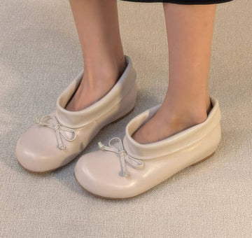 Women Vintage Round Toe Soft Leather Bowknot Hidden Wedge Slip-on Shoes