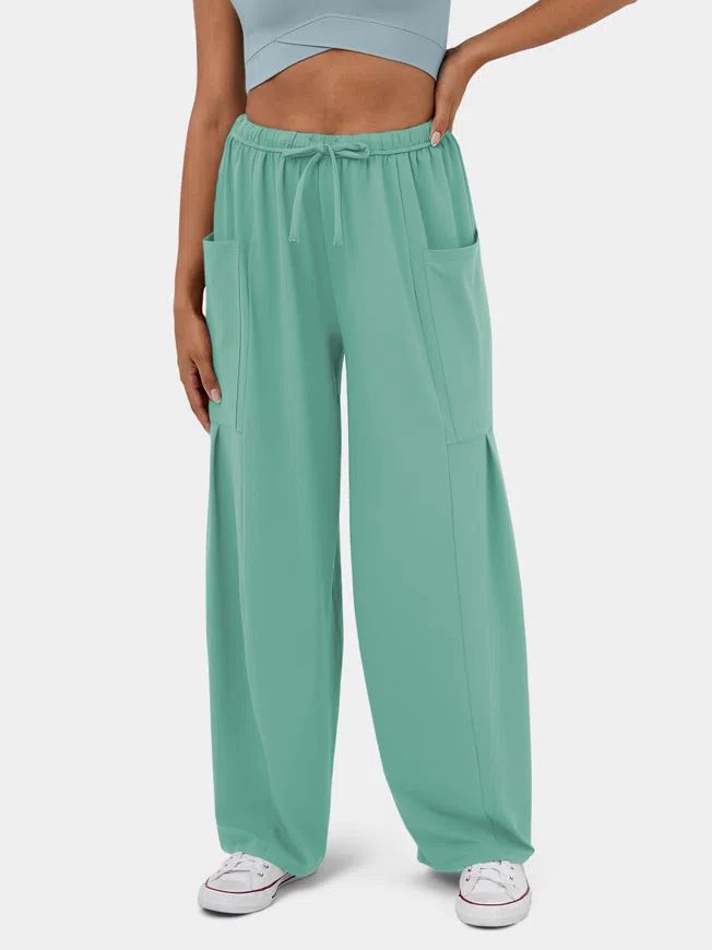 Women Casual Loose Solid Color Elastic Waist Lace-Up Pants