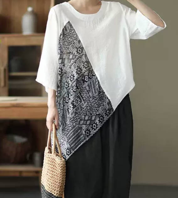 Spring Bohemian Linen Loose Patchwork Round Neck Top