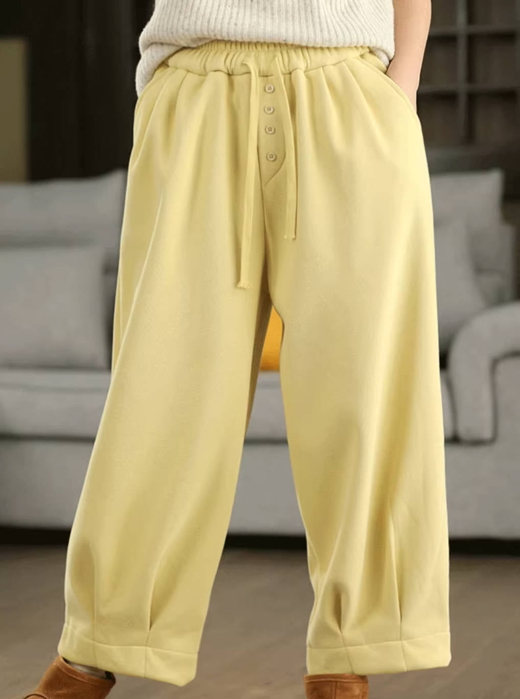 Winter Cotton Thick Elastic Waist Lace-Up Plush Loose Warm Pants