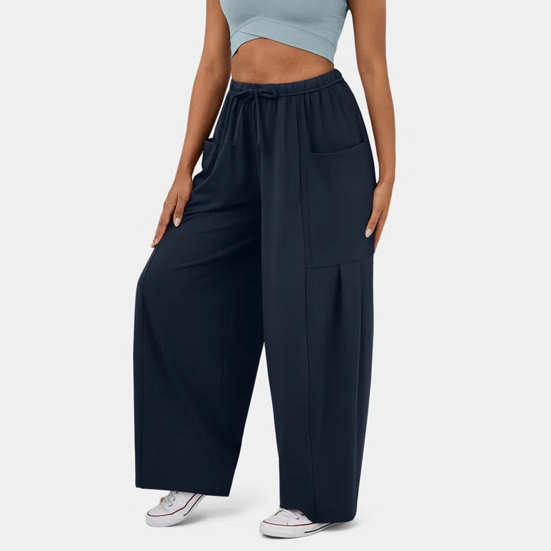 Women Casual Loose Solid Color Elastic Waist Lace-Up Pants