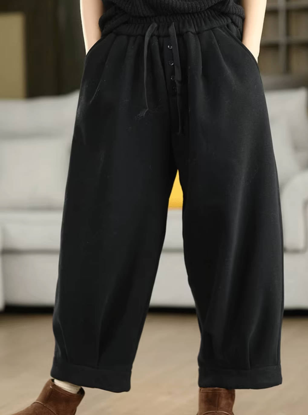 Winter Cotton Thick Elastic Waist Lace-Up Plush Loose Warm Pants