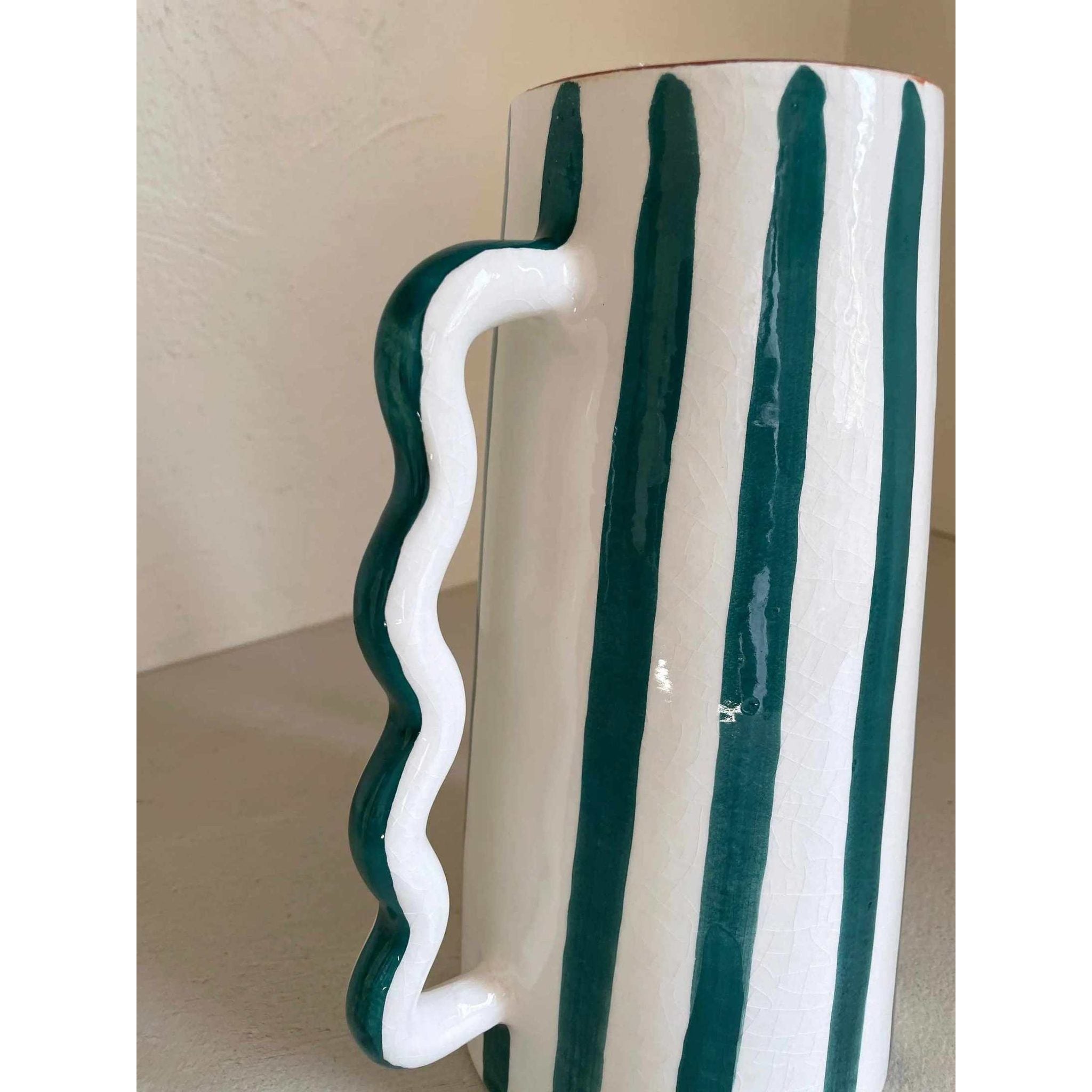 Fir Green and White Striped Abstract Ceramic Vase