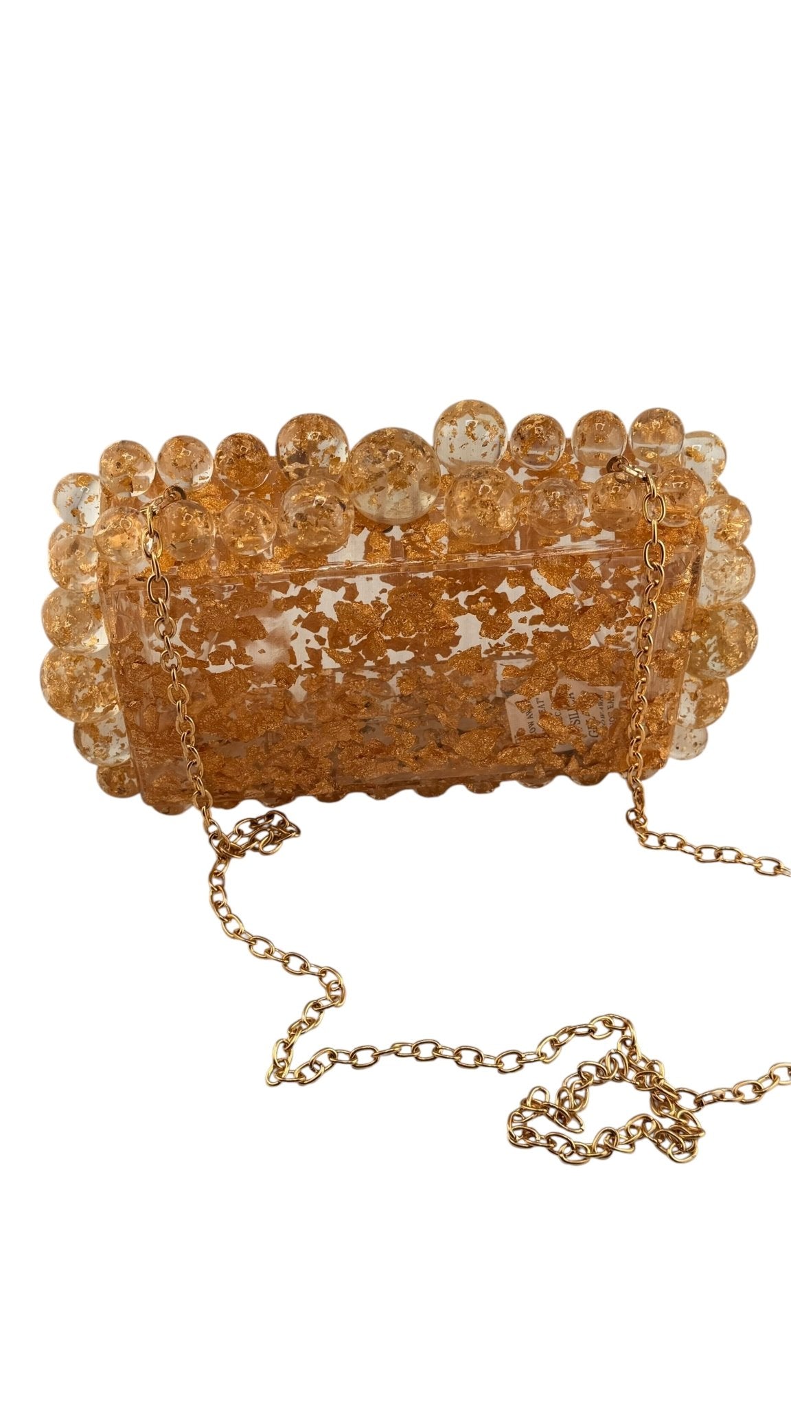 Beaded Acrylic Box Clutch with Pearl Trim & Gold Chain