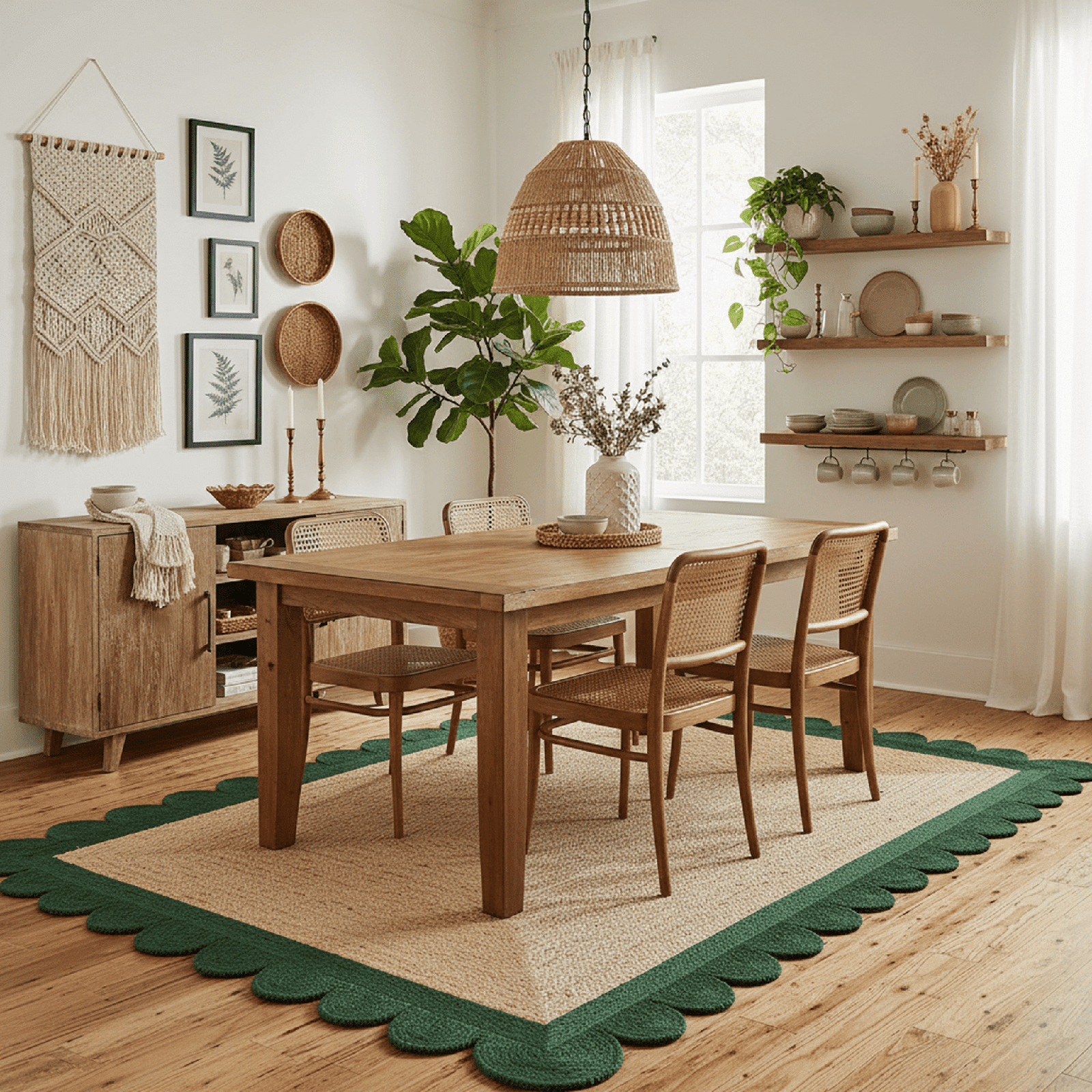 Scalloped Green Border Braided Jute Rug ¨C 5¡¯ x 8¡¯