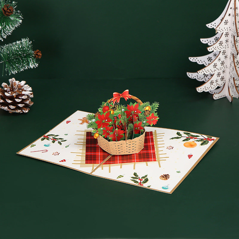 New 3D Christmas Card Handmade Paper Carved Basket Gift Holiday Greeting