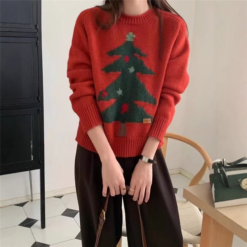 Christmas Pine Red Jacquard Pullover Sweater