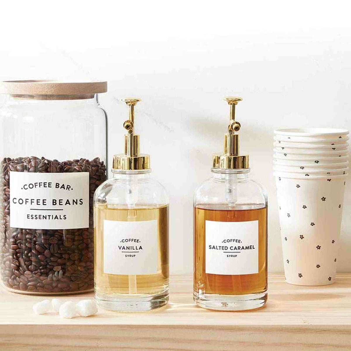 Glass with Gold Coffee Syrup Dispenser - Set of 2