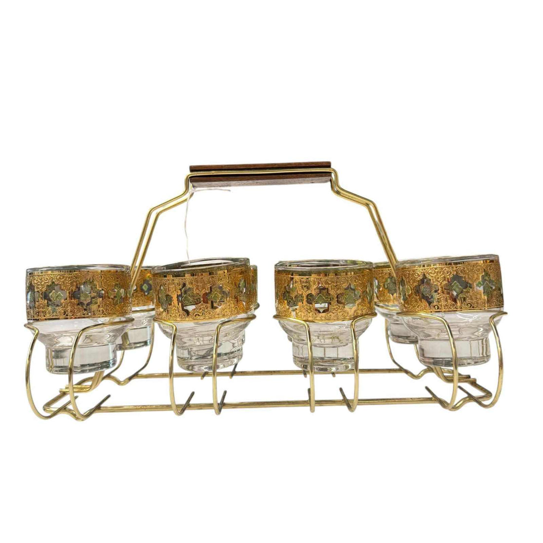 Vintage Mid-Century Cocktail Glass Set with Walnut Handle Caddy | 6 Glasses
