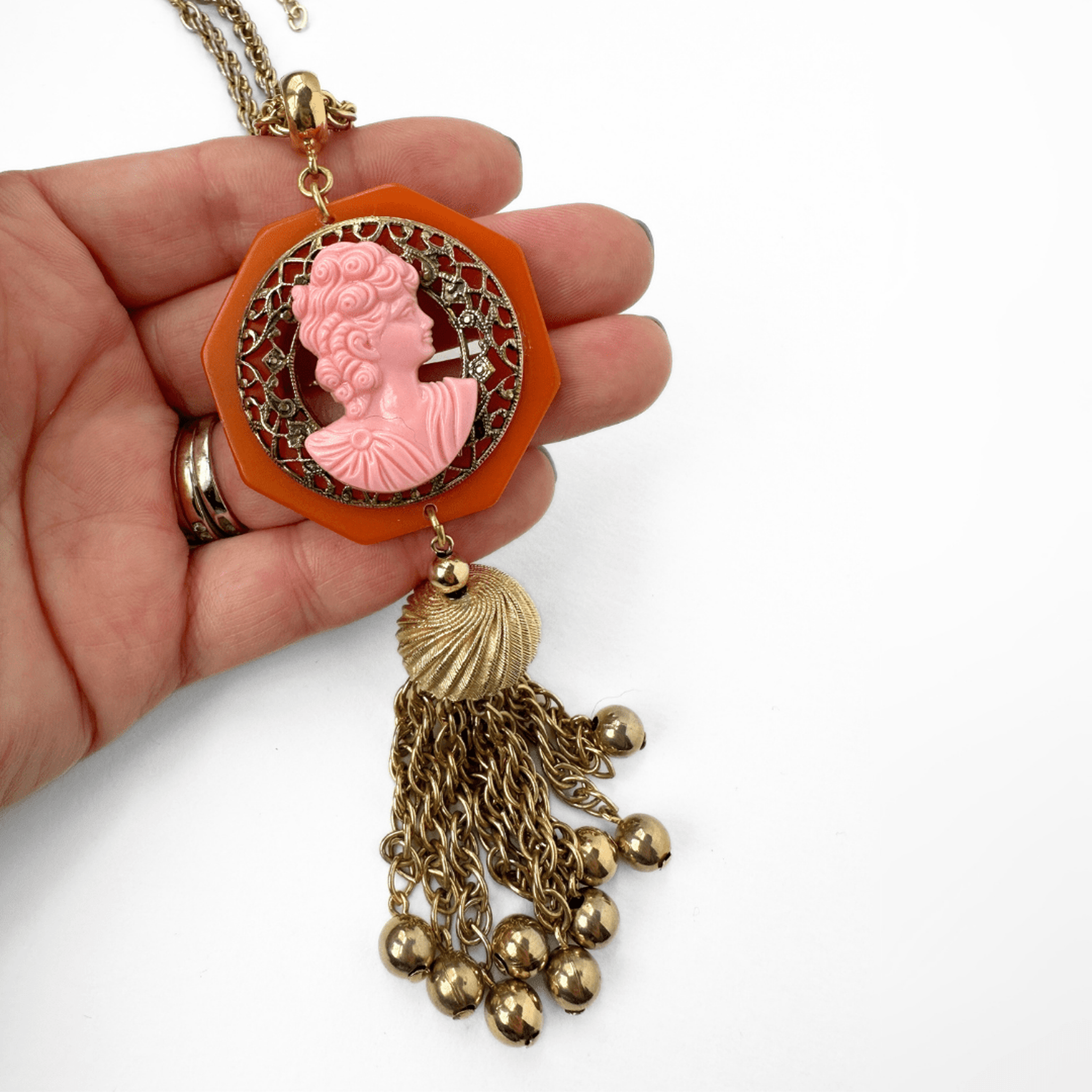 Pink and Orange Bakelite Vintage Cameo Pendant Necklace Charm